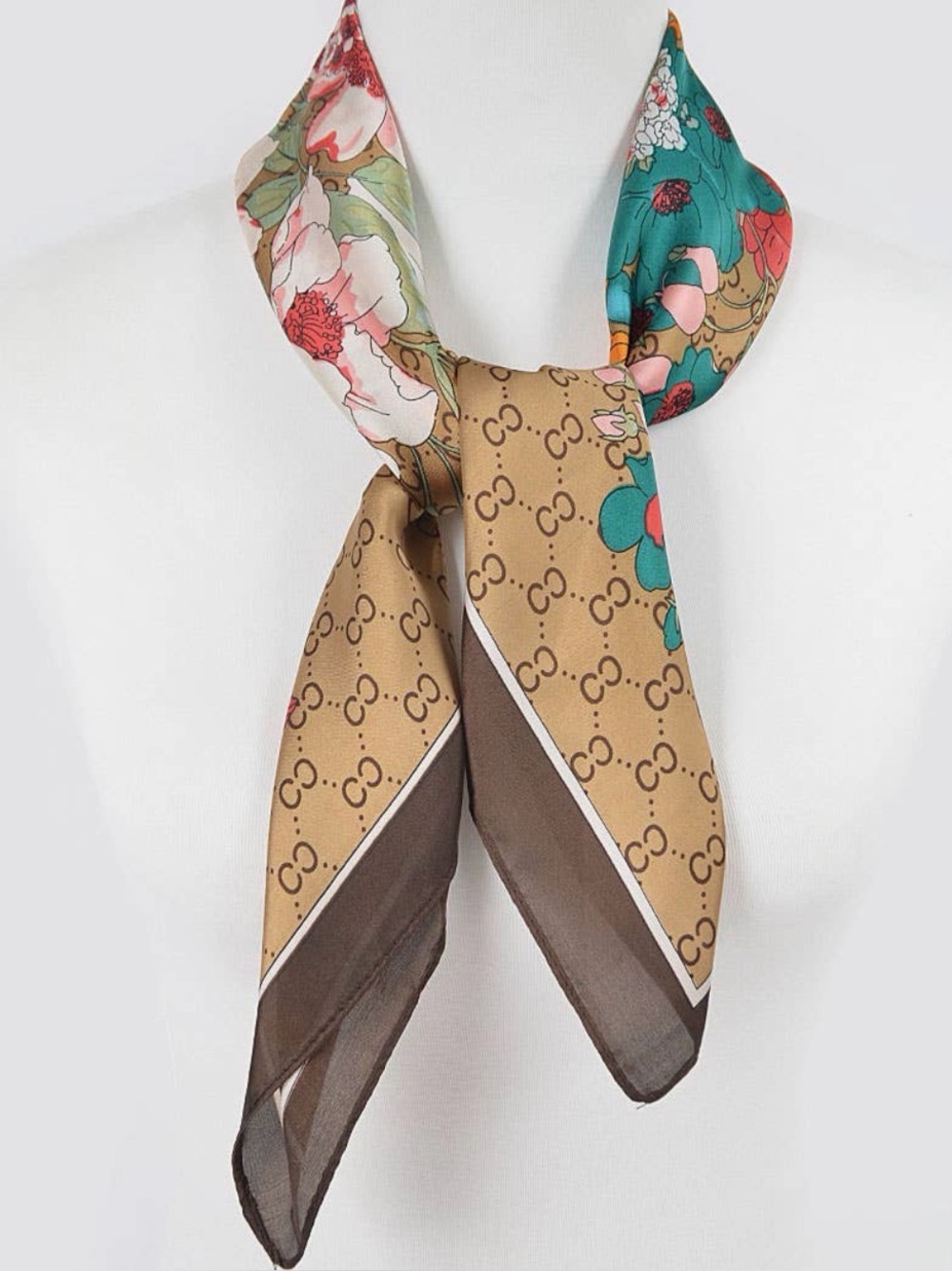 Fashion Nova Floral & Monogram Print Silk-Feel Scarf in Tan, Teal, Pink
